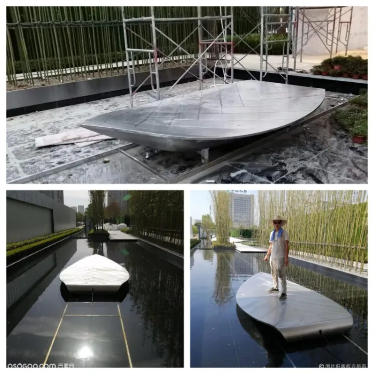 河南售楼部水景雕塑 手工锻造不锈钢一叶舟雕塑 抽象船