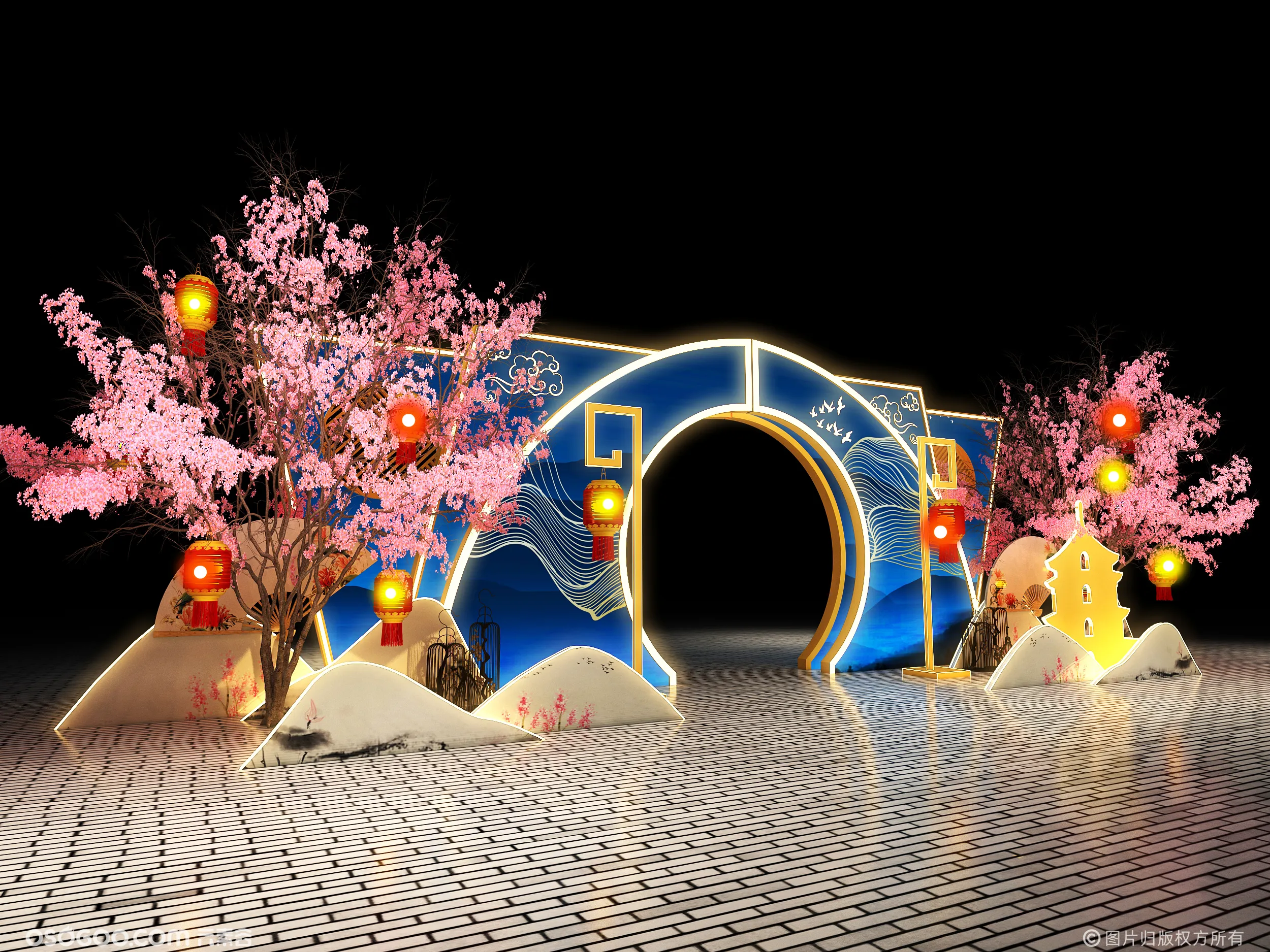 3D设计效果图▪2021新春商场新中式美陈打卡点设计