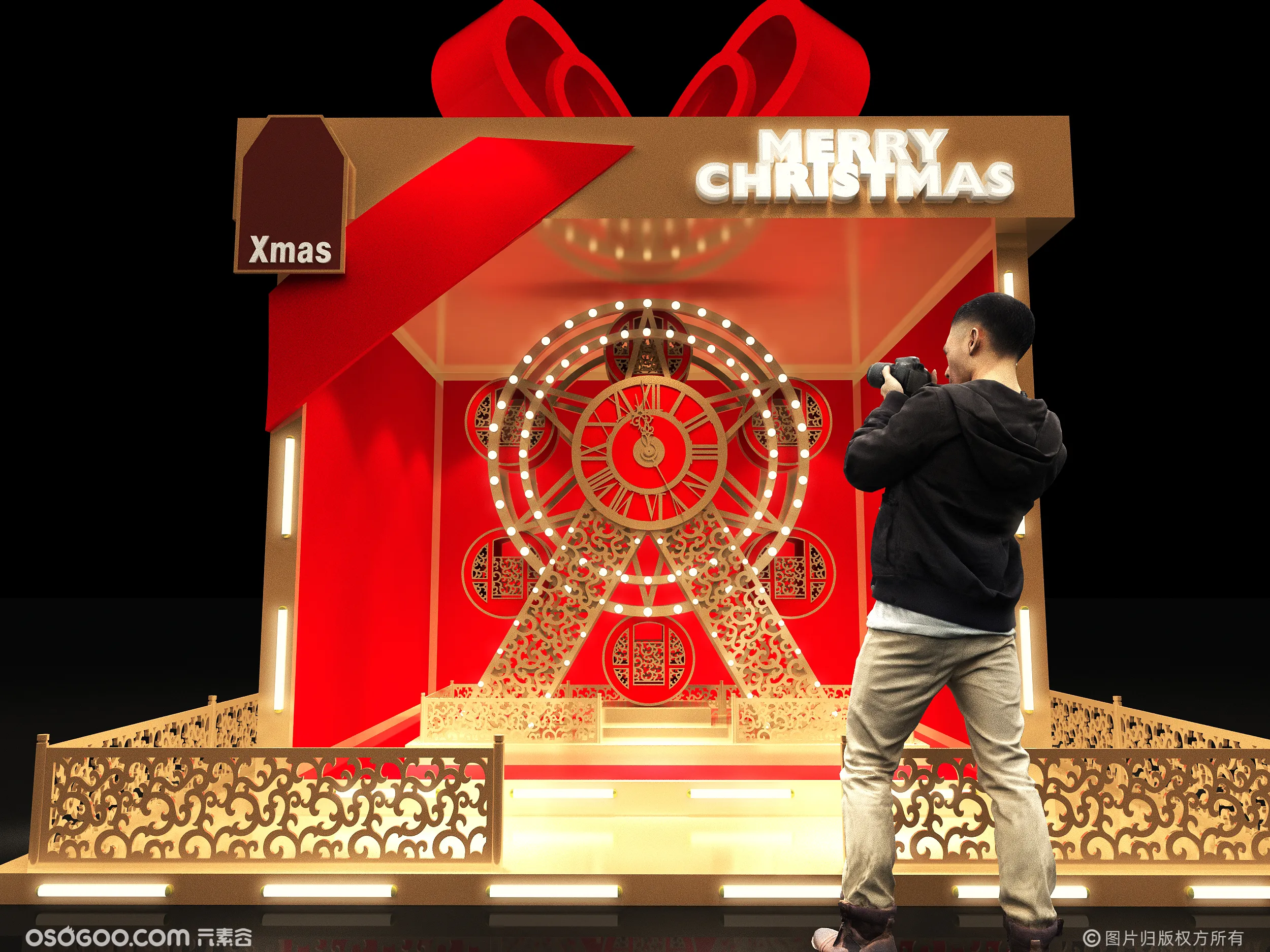 3D设计打卡点效果图▪商场圣诞节礼盒美陈拍照打卡装置