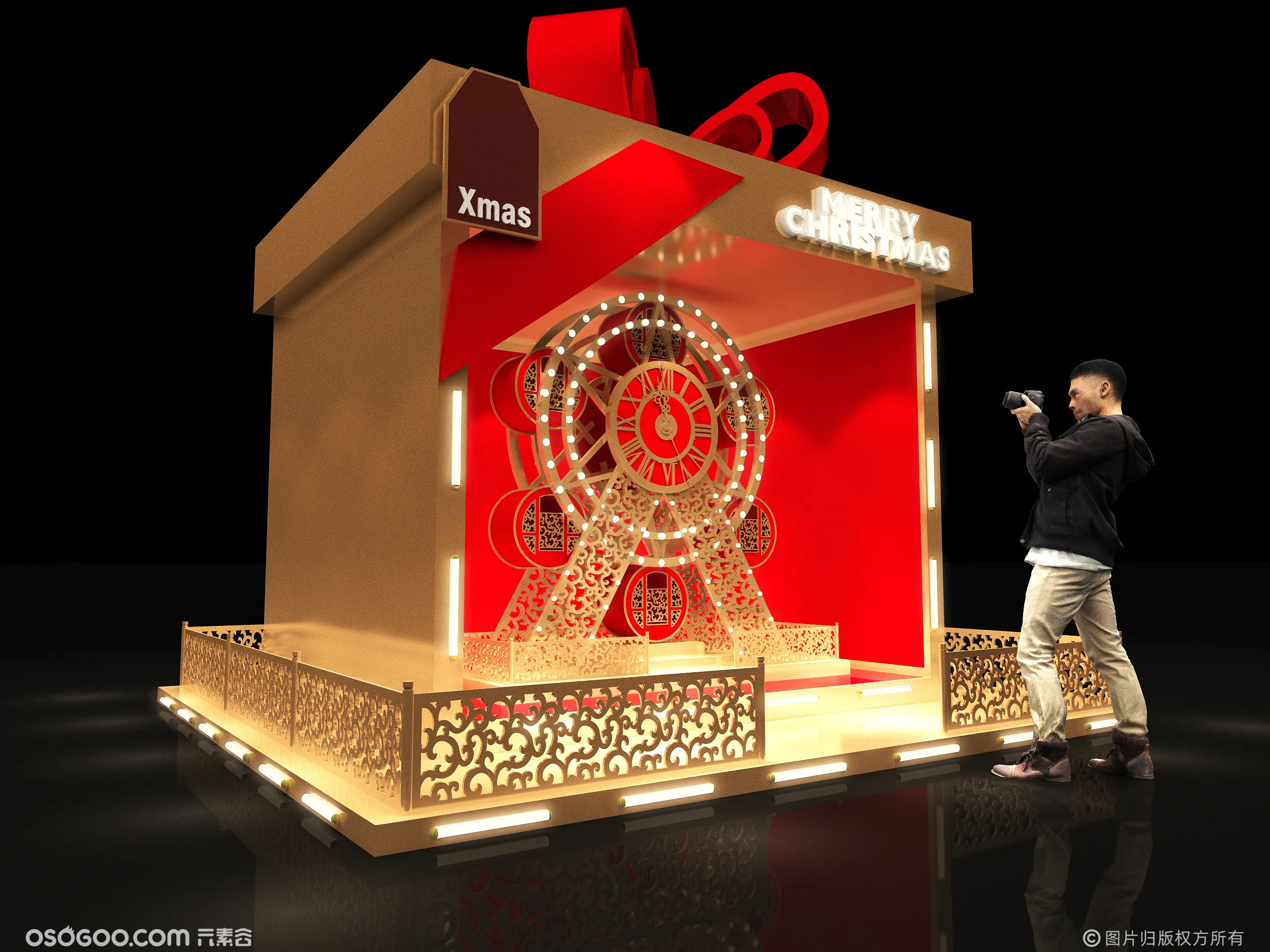 3D设计打卡点效果图▪商场圣诞节礼盒美陈拍照打卡装置