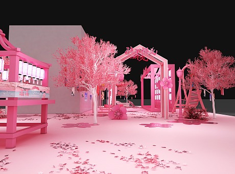 3D效果图设计 商场大型广场樱花节活动美陈设计