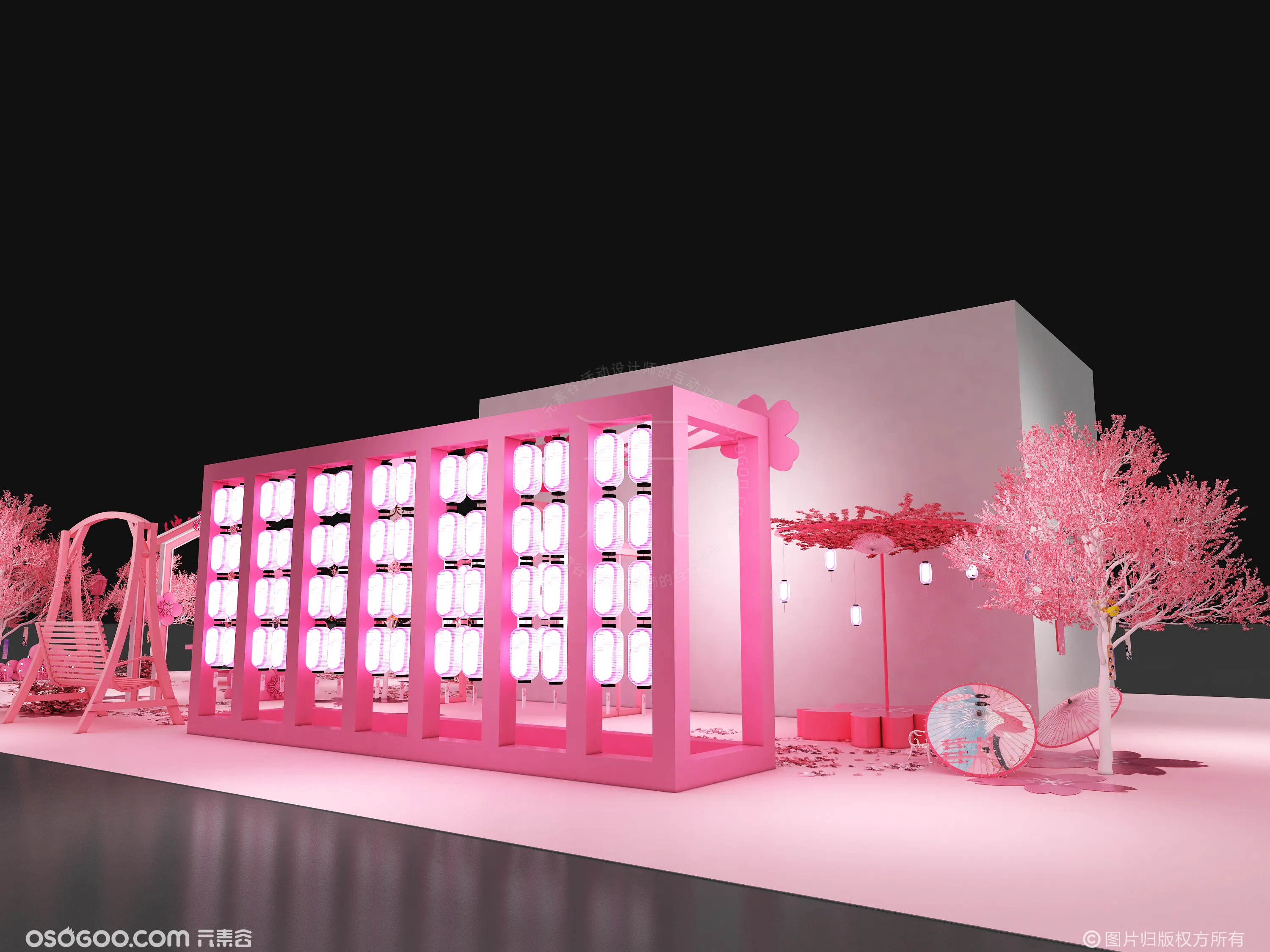 3D效果图设计 商场大型广场樱花节活动美陈设计