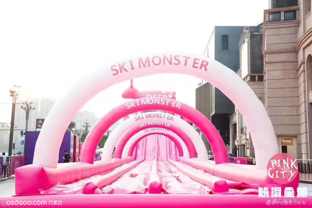 粉色滑道出租移动式充气滑道室外百米大型滑道尺寸定制