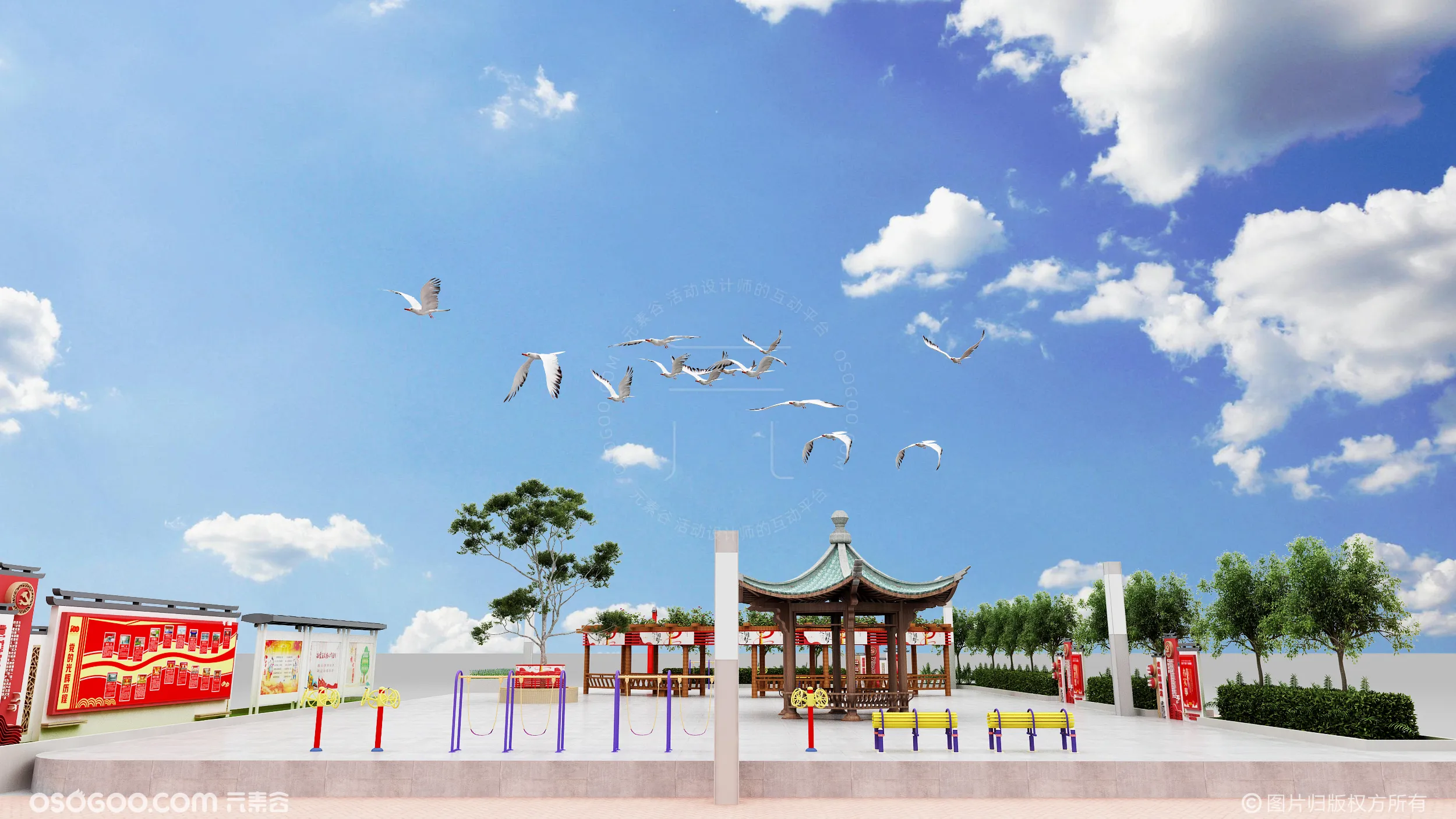3D效果图设计 社区广场党建公园设计